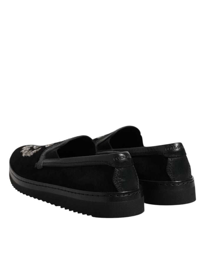 Black Embroidered Crown Loafers Shoes