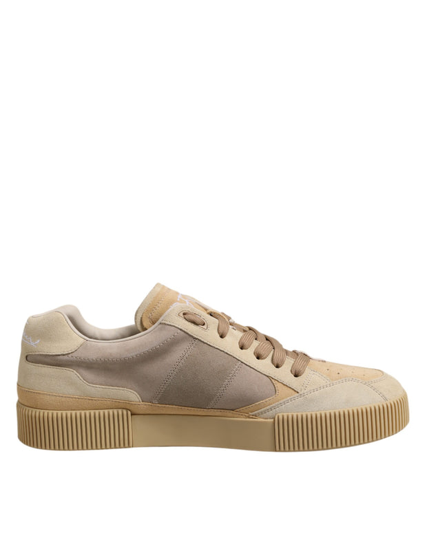 Beige Leather Low Top Lace Up Sneakers Shoes