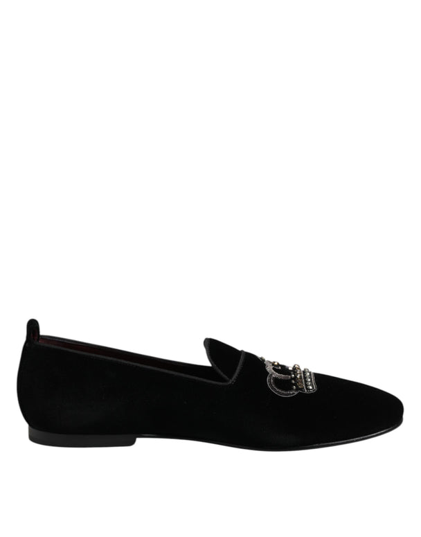 Black Velvet Crystal Crown Loafers Dress Shoes