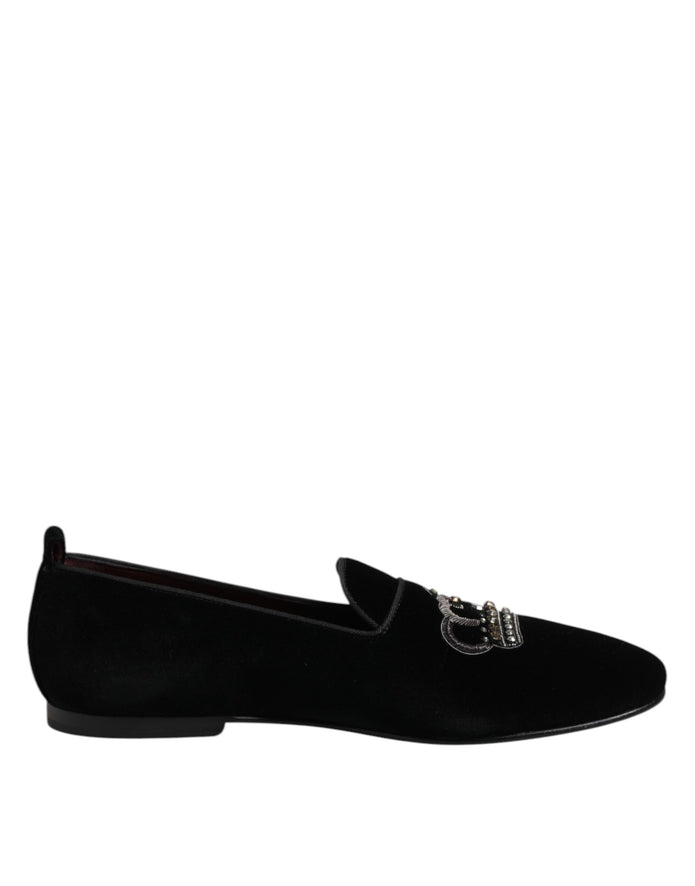 Black Velvet Crystal Crown Loafers Dress Shoes
