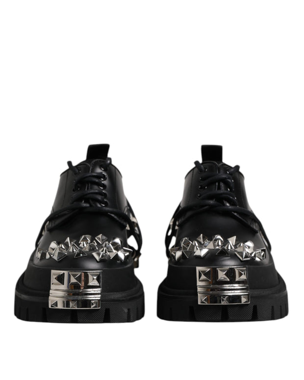 Black Leather Embellished Trekking Derby Shoes