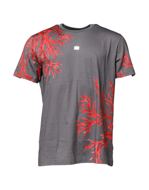 Gray Cotton Coral Print Logo Plaque T-shirt
