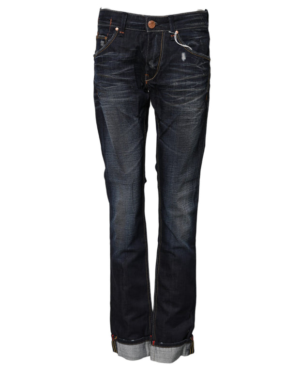 Blue Washed Cotton Mid Waist Flared Denim Jeans