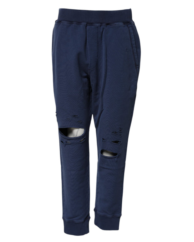 Blue Cotton Mid Waisted Jogger Pants