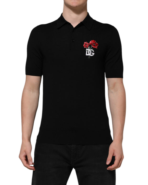 Black Wool DG Logo Rose Collared Polo T-shirt