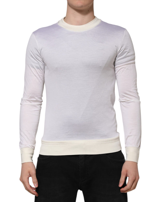 White Silk Crew Neck Long Sleeves T-shirt