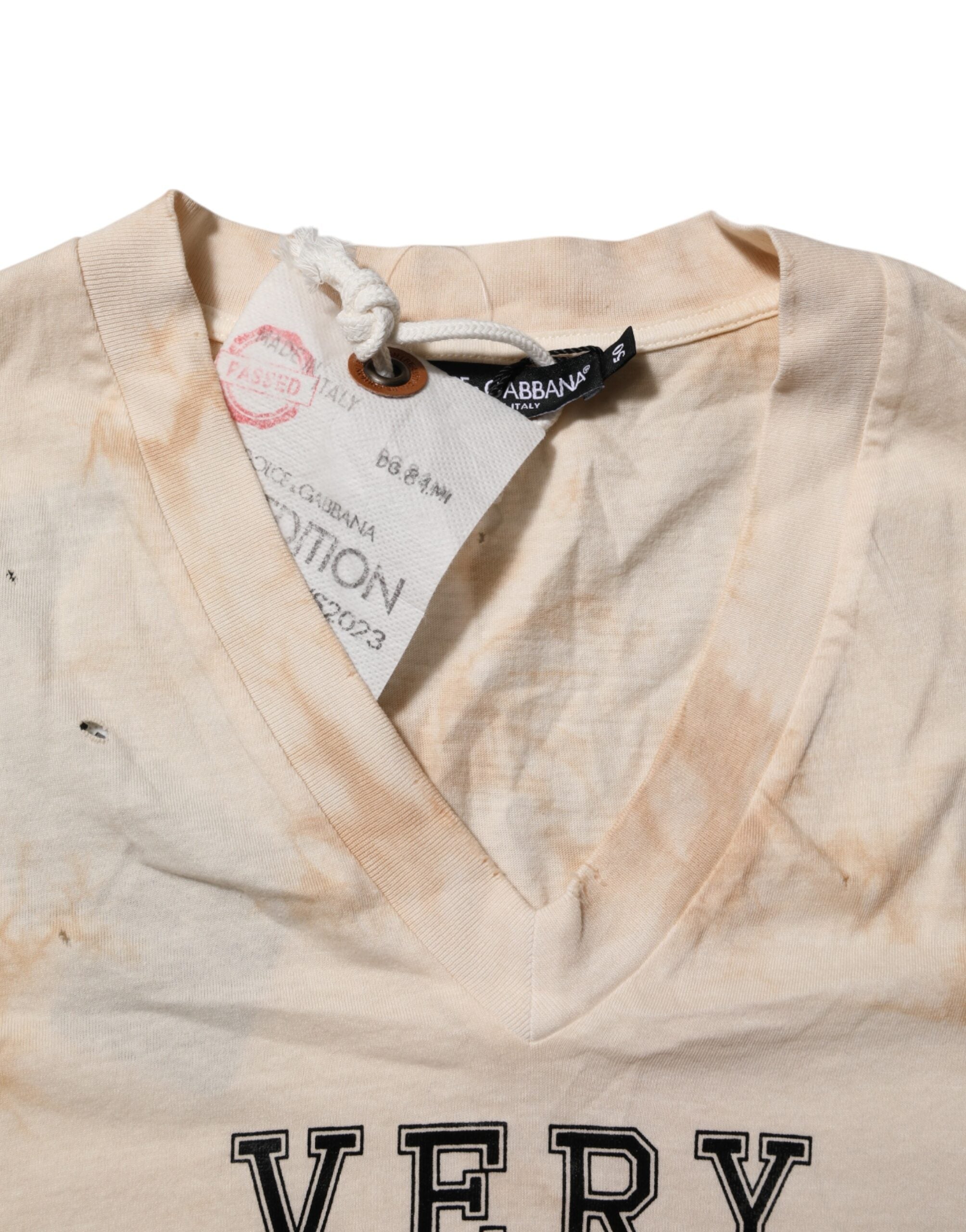 Beige Logo Print Short Sleeve V-neck T-shirt