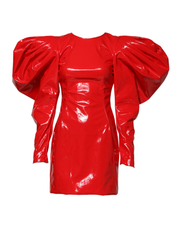 Red Patent Leather Puff Sleeves Mini Dress