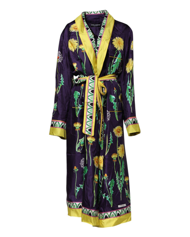 Blue Floral Print Silk Long Sleeves Wrap Robe