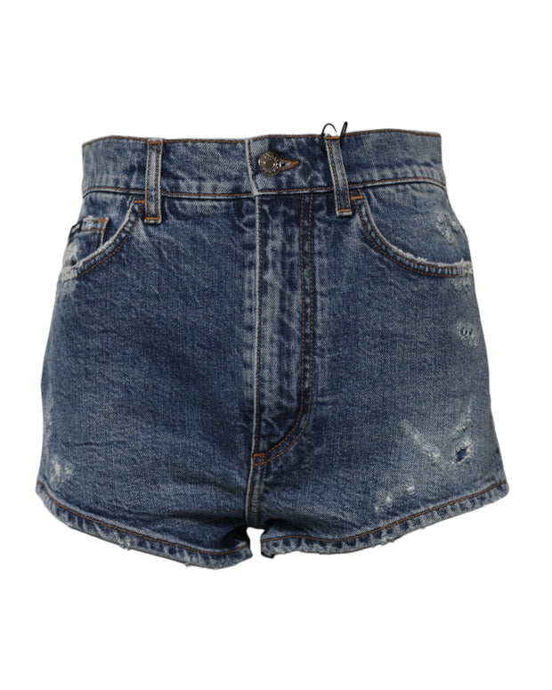Blue Tattered Denim Cotton Hot Pants Shorts