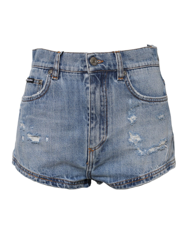 Blue Logo Plaque Denim Cotton Hot Pants Shorts