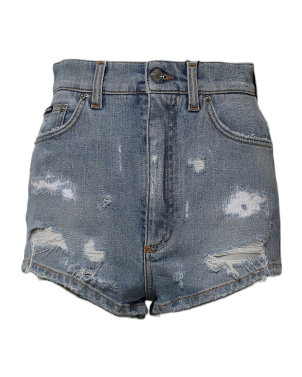 Blue Tattered Denim Cotton Hot Pants Shorts