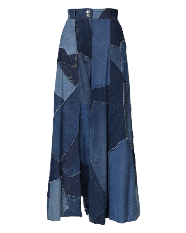 Blue Denim Long Maxi Patchwork Cotton Skirt