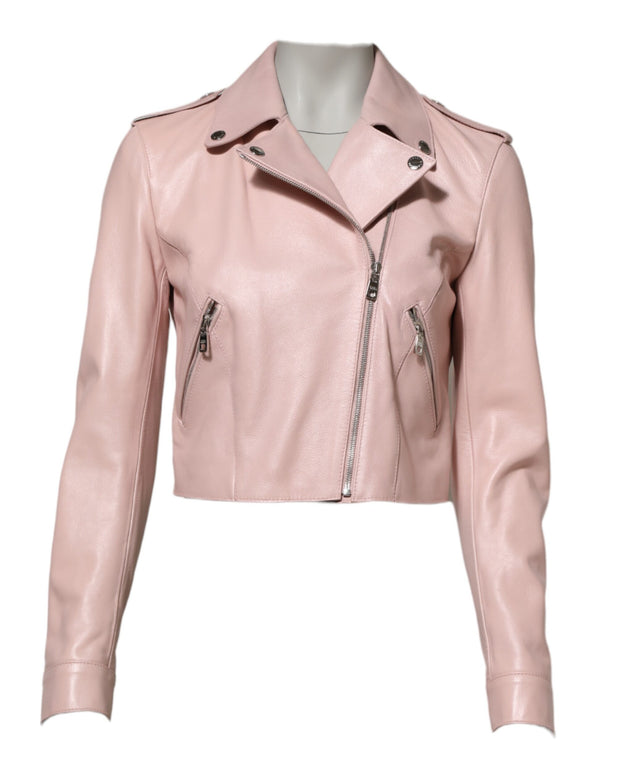 Light Pink Collar Leather Women Biker Jacket