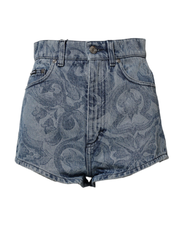 Blue Floral Print Denim Cotton Hot Pants Shorts