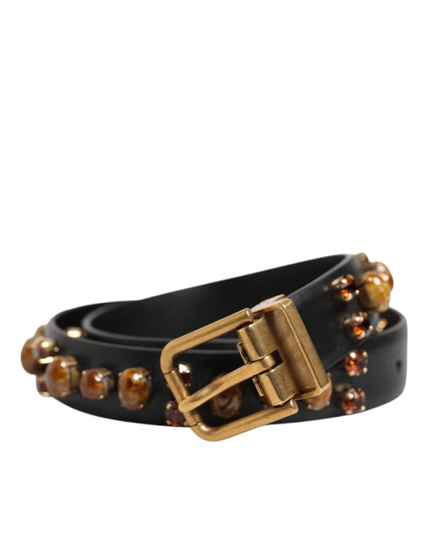 Black Leather Studded Gold Tone Buckle Belt