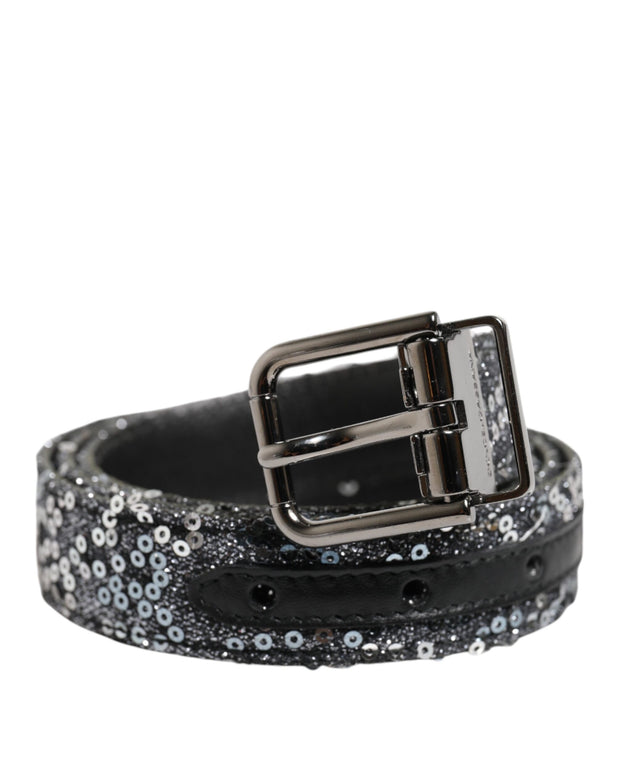 Black Sequins Silver Metal Logo Buckle Belt