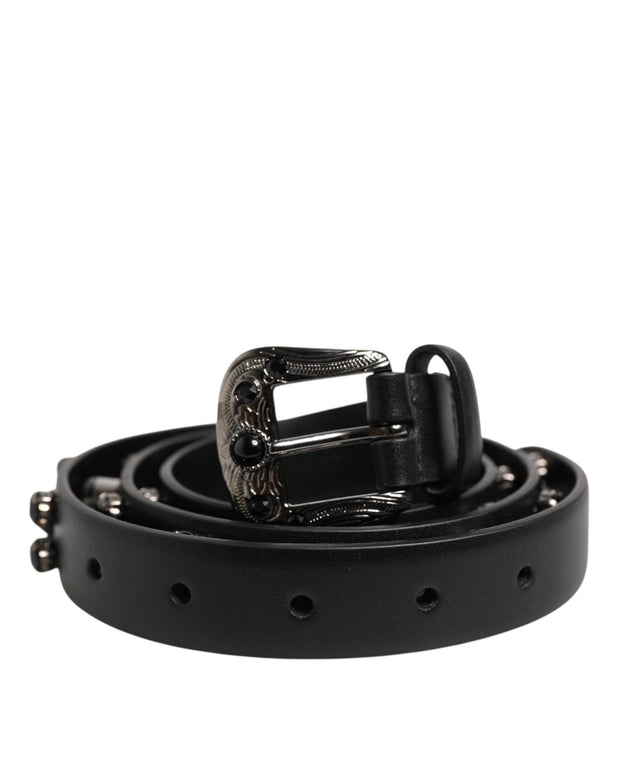 Black Studded Leather Metal Logo Buckle Belt