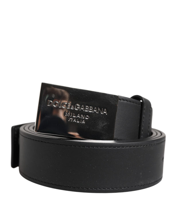 Black Leather Classic Metal Logo Buckle Belt