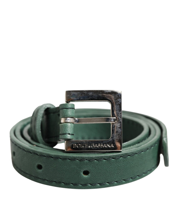 Dark Green Leather Silver Metal Buckle Belt