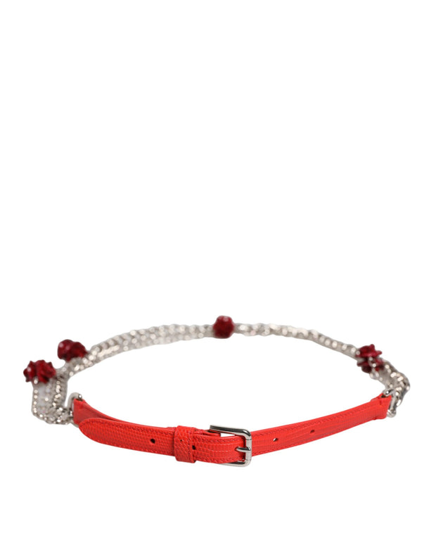 Red Leather Silver Chain Floral Cintura Belt