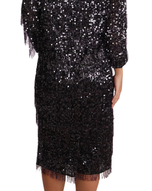 Black Sequined Long Sleeve Shift Midi Dress