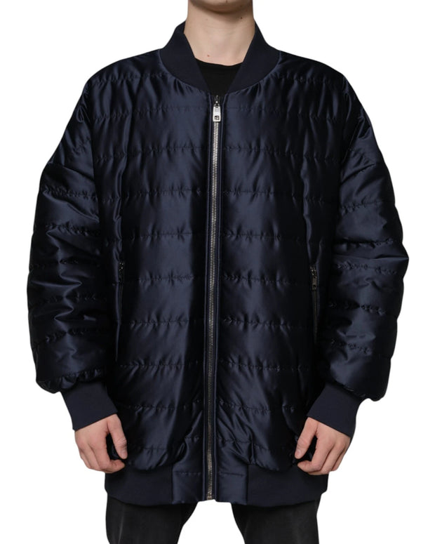 Dark Blue Quilted Full Zip Bomber Jacket