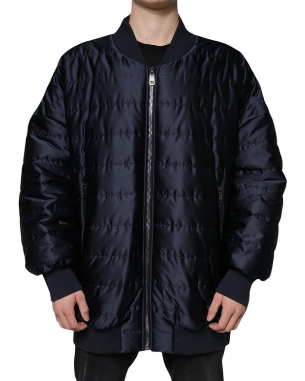 Dark Blue Quilted Full Zip Bomber Jacket