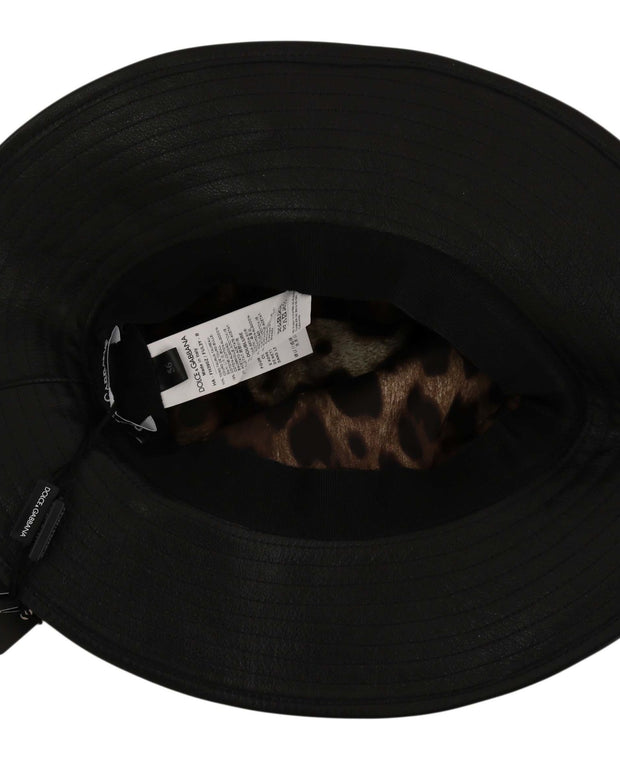 Black Leather DG Coin Crystal Wide Brim Hat