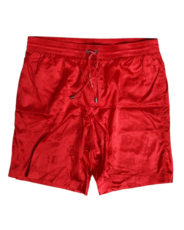 Red Nylon Drawstring Beachwear Shorts Swimwear