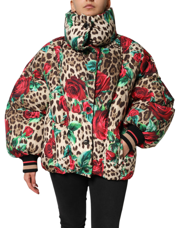Multicolor Leopard Rose Puffer Quilted Jacket