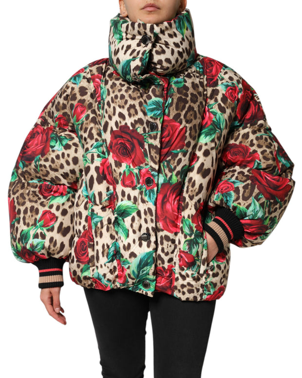 Multicolor Leopard Rose Puffer Quilted Jacket