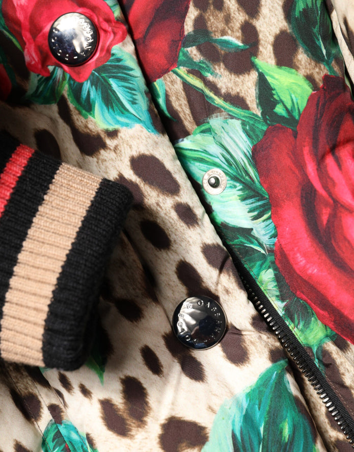 Multicolor Leopard Rose Puffer Quilted Jacket