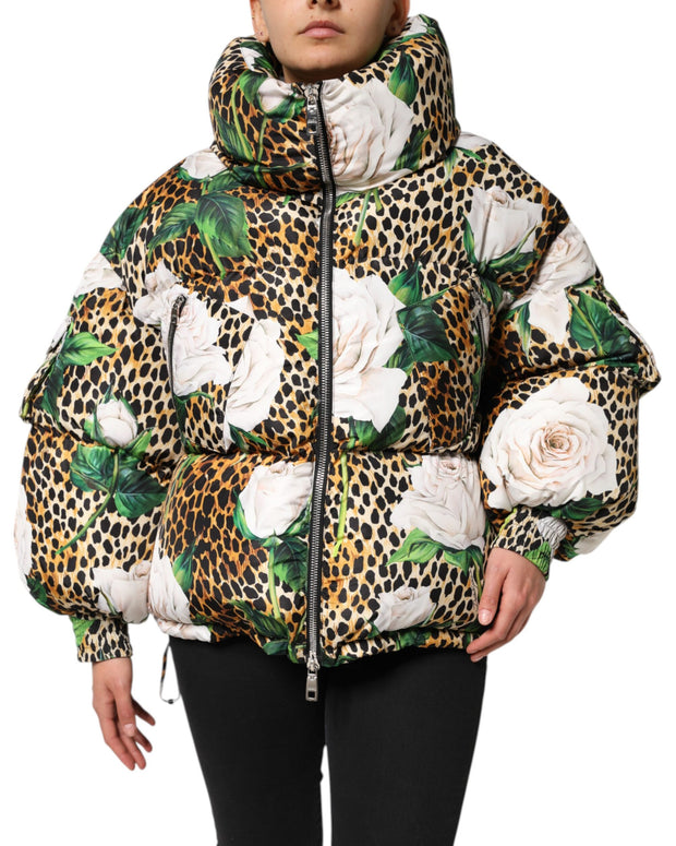 Multicolor Leopard Rose Puffer Quilted Jacket