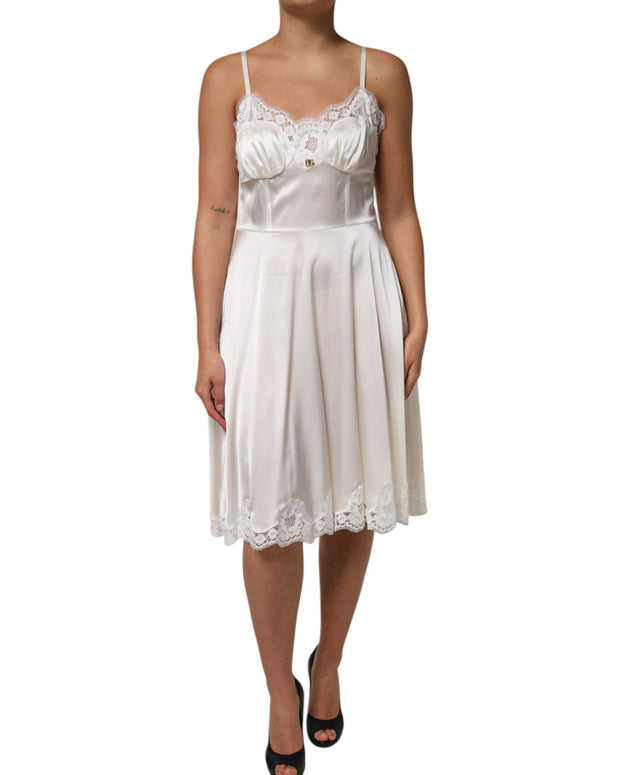 White Lace DG Logo Silk Dress Sleepwear
