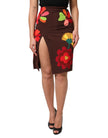 Brown Floral High Waist Side Slit Skirt