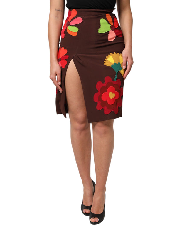 Brown Floral High Waist Side Slit Skirt