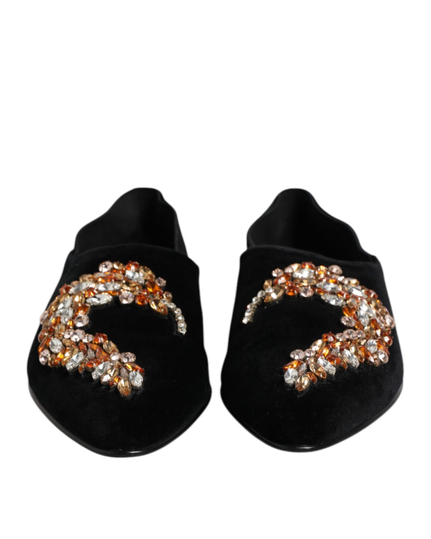 Black Velvet Embellished Loafer Slip On Shoes