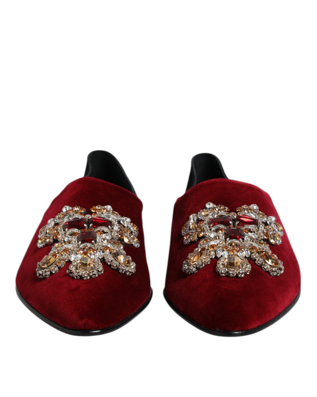 Black Red Velvet Embellished Slip On Shoes