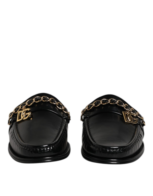 Black Leather DG Chain Embellished Sandals Shoes