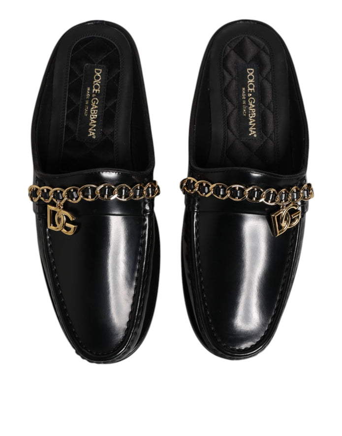 Black Leather DG Chain Embellished Sandals Shoes