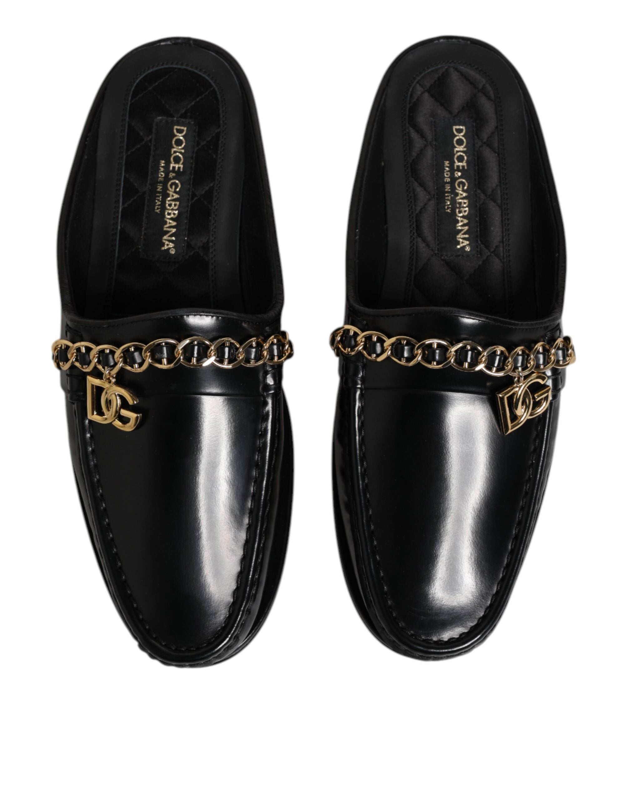 Black Leather DG Chain Embellished Sandals Shoes