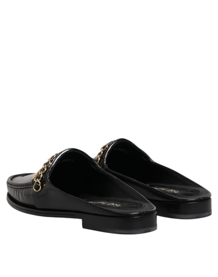 Black Leather DG Chain Embellished Sandals Shoes