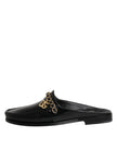 Black Leather DG Chain Embellished Sandals Shoes