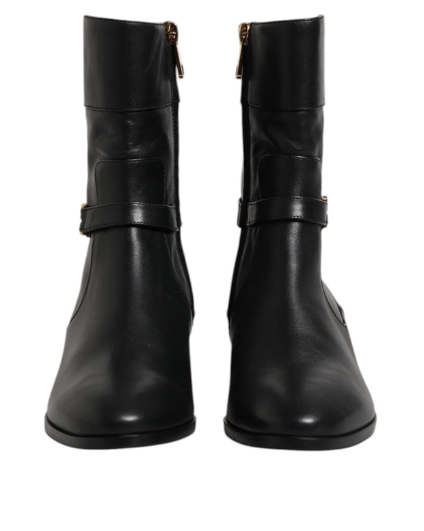 Black Leather Flats Logo Short Boots Shoes