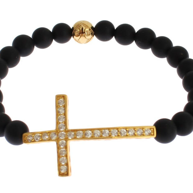 Chic Matte Onyx Bead & CZ Diamond Cross Bracelet