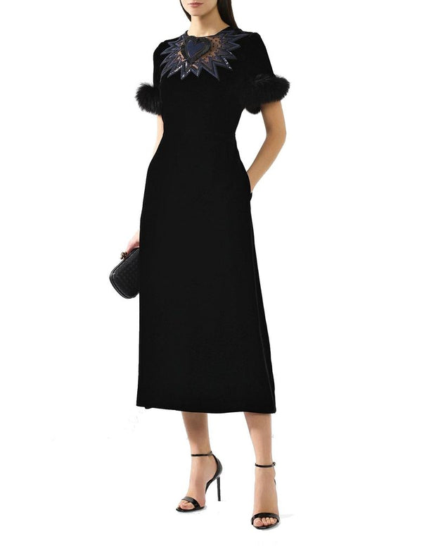 Fur Trim Velvet Midi Dress