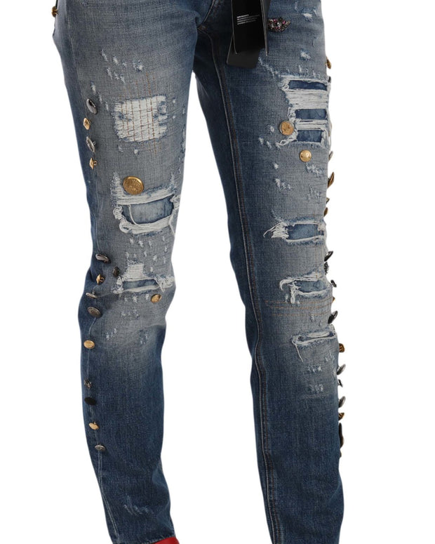 Distressed Embellished Buttons Denim Pants Jeans
