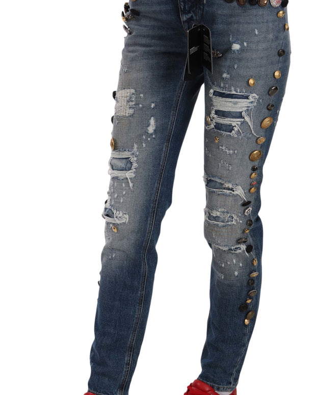 Distressed Embellished Buttons Denim Pants Jeans