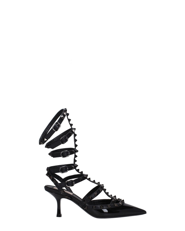 Black Leather Stiletto Heel Sandals